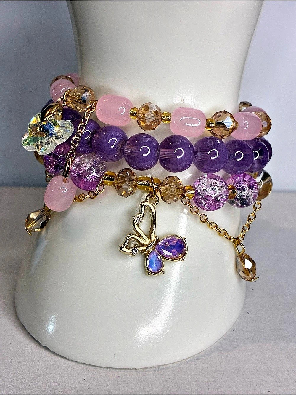 Purple & Pink Beaded Charm Bracelet Stack Like New